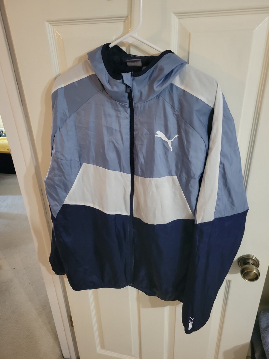 Puma Way Windbreaker Grey/Blue, White and Dark Blue Size Large