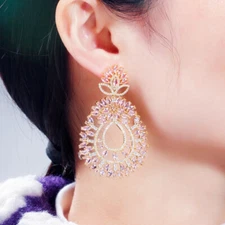 Gold Plated Pink Leaf Zircon Chandelier Dangle Earrings for Women Wedding Bridal