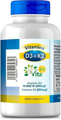 Vitamin D3 10.000 IE + K2 200 μg Depot | 180 Premium Kombi-Kapseln | vegan