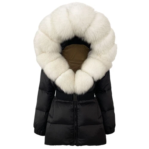 Winterjacke Damen echt Fuchspelz Kapuze dick warm weiß Entendaunenmantel - Bild 9 von 35