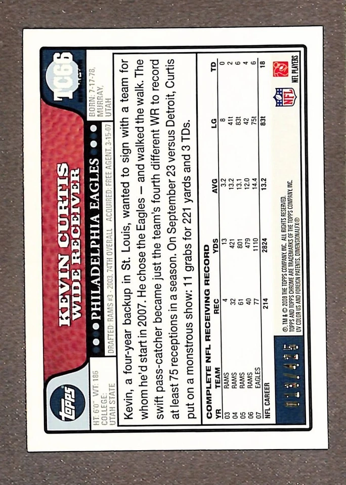 2008 Topps Chrome Copper Refractor #TC66 Kevin Curtis /425 - Image 2 of 3