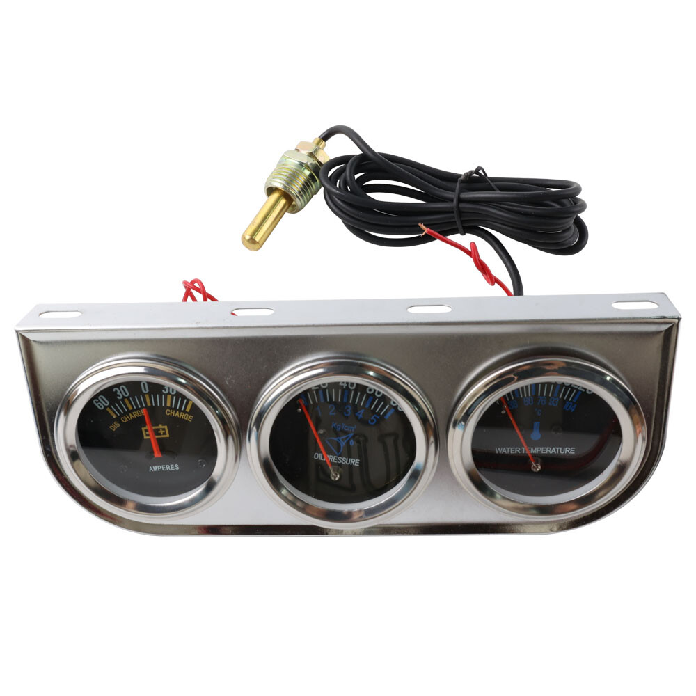 Silver Triple Gauge Set Water Temp Oil Pressure AMP Meter Mechanical 2'' 52mm US