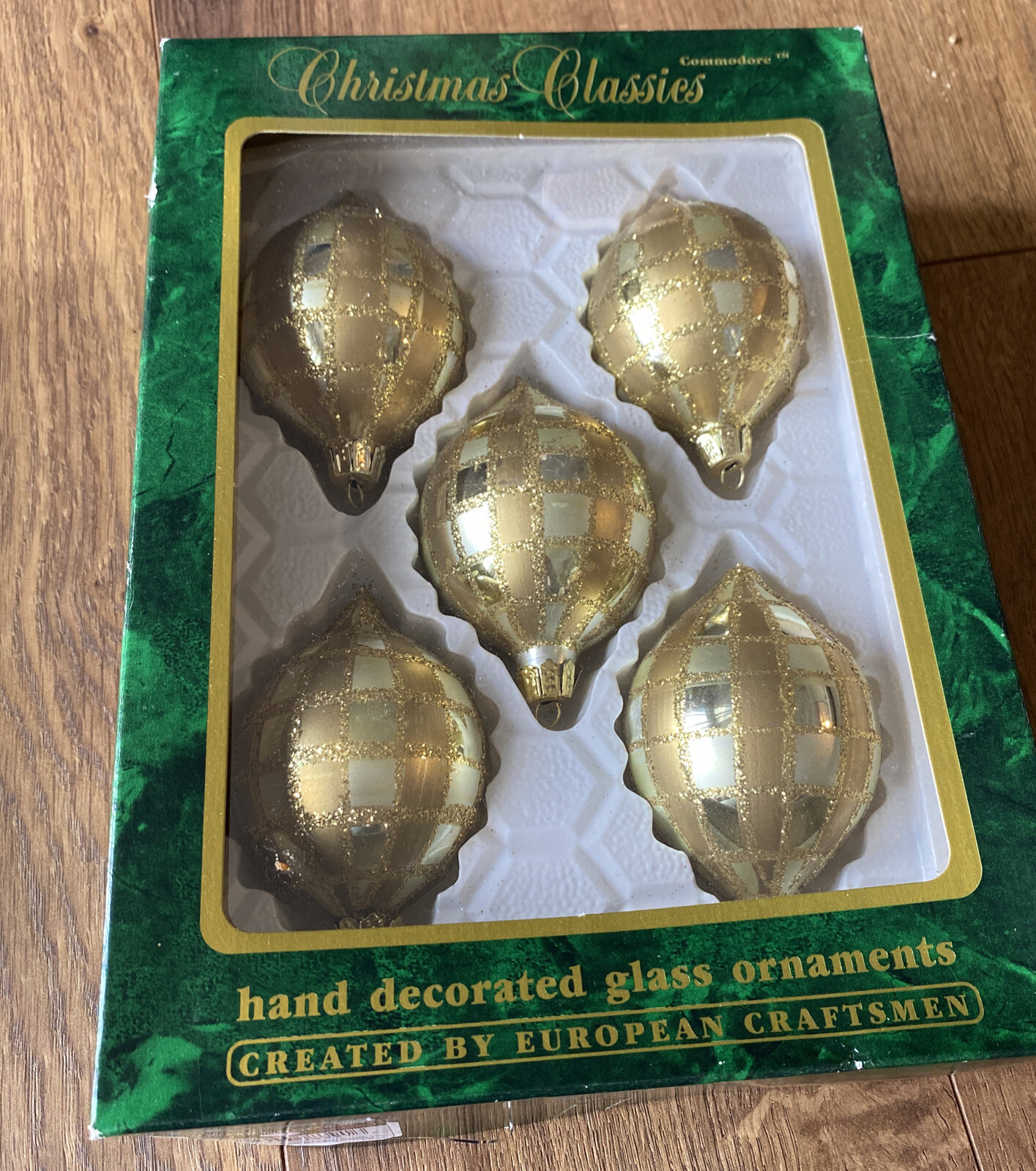 5 Commodore Hand Decorated Glass Ornaments European Craftsmen Christmas