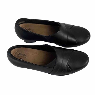 Clarks Unstructured Black Leather Block Heel Pumps Shoes