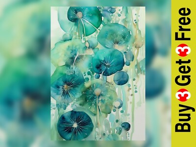 Kurrile Blüten: Grüne und blaue Blumen Aquarell Maldruck 5 Zollx7