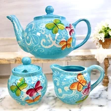 Laurie Gates Melanie’s Butterflies Teapot Sugar Bowl /Creamer RARE ! No Chips