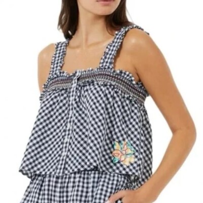 French Connection Adla Tank Top Blouse Size Large Gingham Plaid Smocked Shirred