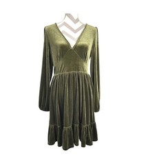 Halara Dress Womens Size M Green Velvet Everyday Ruffled Hem Mini V-Neck Chill