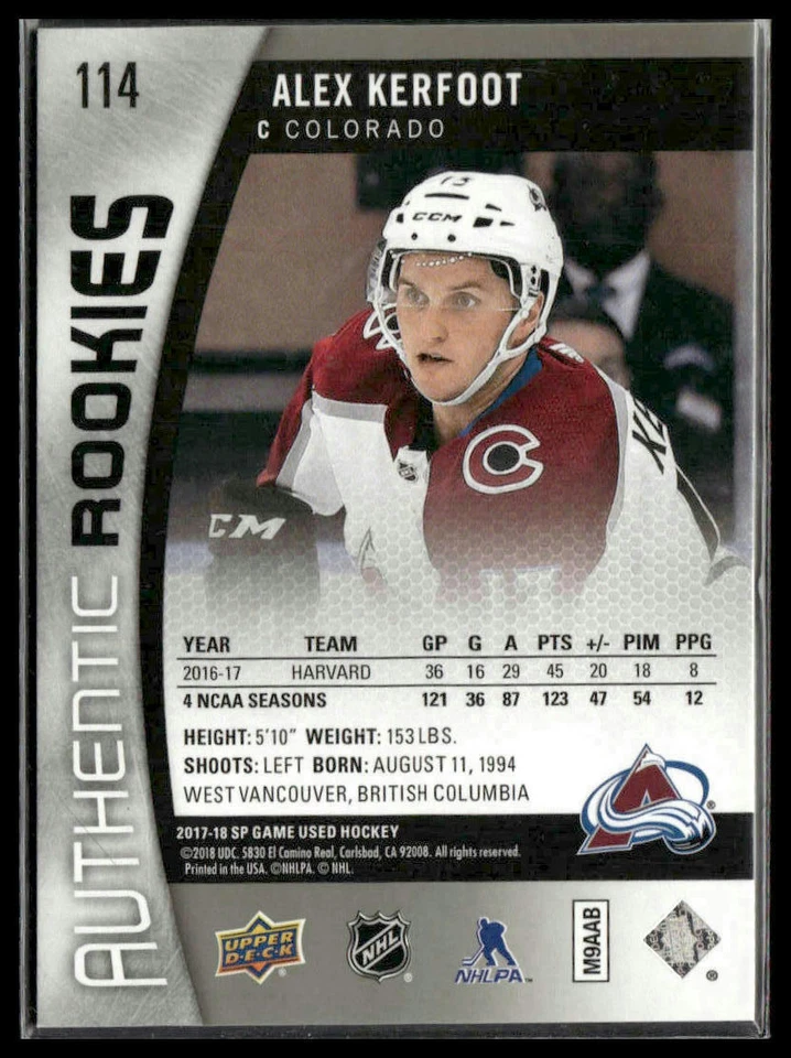 2017-18 SP Game Used Alex Kerfoot Authentic Rookies Rainbow #/223 Avalanche - Image 2 of 2