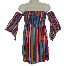 GUESS Womens XS Off Shoulder Vertical Striped Multicolor Smocked Dress Sundress