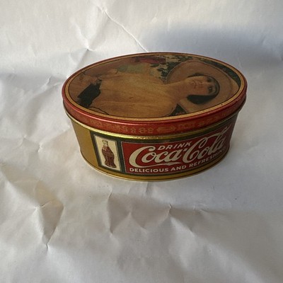 Vintage Coca-Cola Gold Oval Tin Can   1984 Rare Girl Drinking Coke Collectible