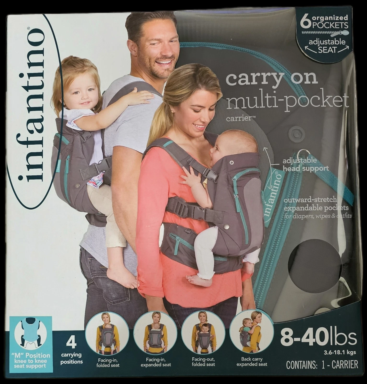 Infantino Carry On Multi-Pocket Carrier 8-40lbs 4 Carrying Positions 6 Pockets