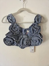 L/C LIZETTE Womens Blue Denim Low Cut Top Rose Accents Zip Back Stretch Sz S/M