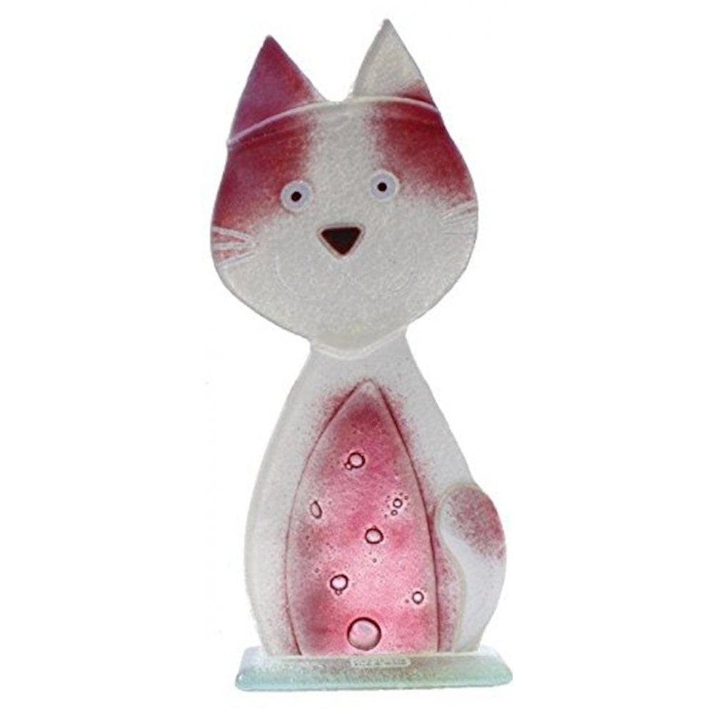 D & J Glassware Small Pink & White Fused Glass Cat - 13
