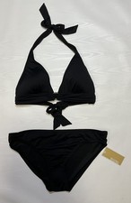 Michael Kors Logo-Ring Halter 2-Piece Bikini Swimsuit Black Women  s L New