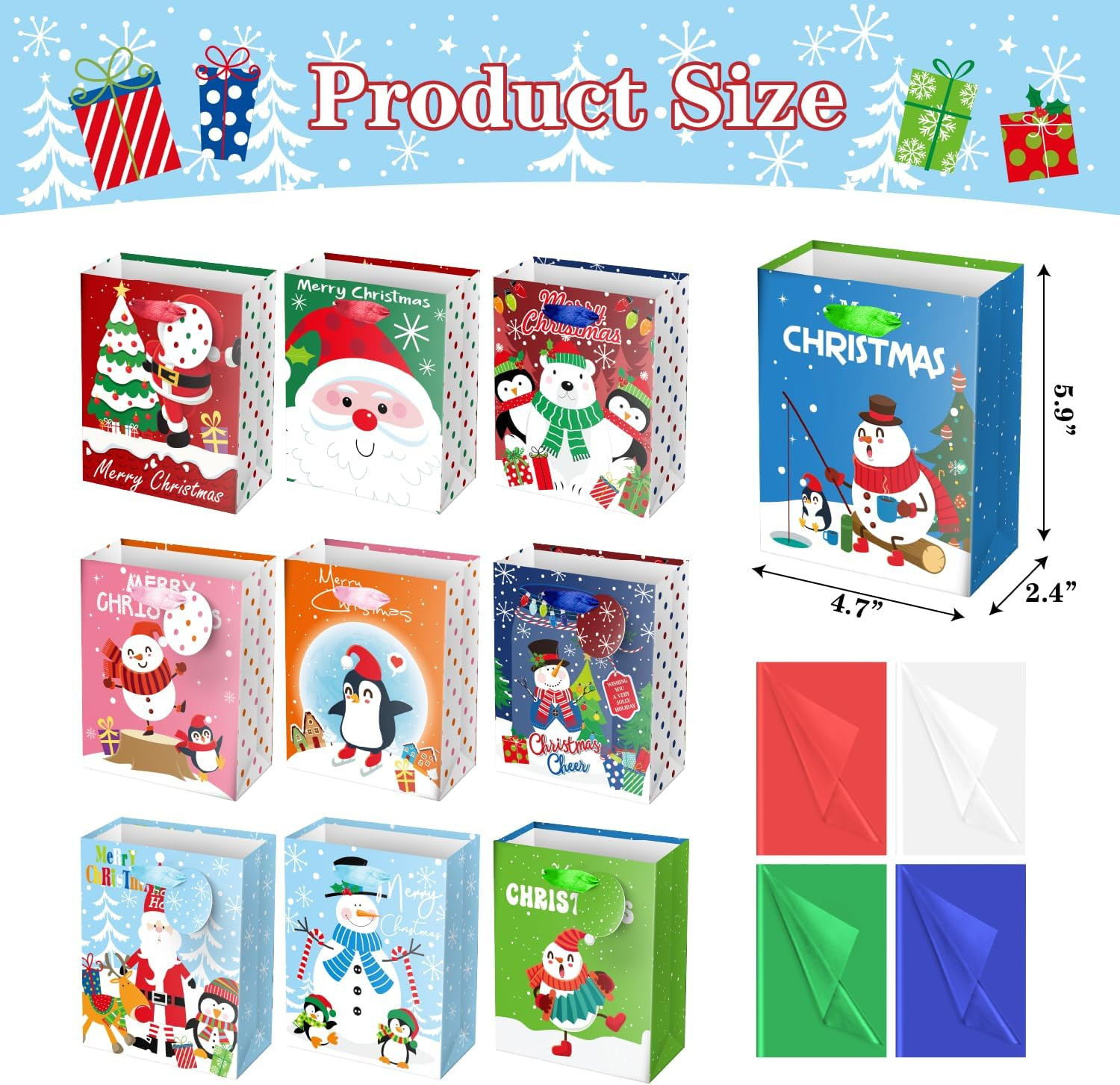 20Pcs Mini Chirstmas Gift Bags with Tissue Paper and Tag, Small Paper Bags with 
