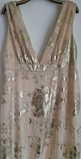 SHEIN Beige Gold Sequin V-Neck Sleeveless Maxi Dress Zip Chiffon Lined UK L