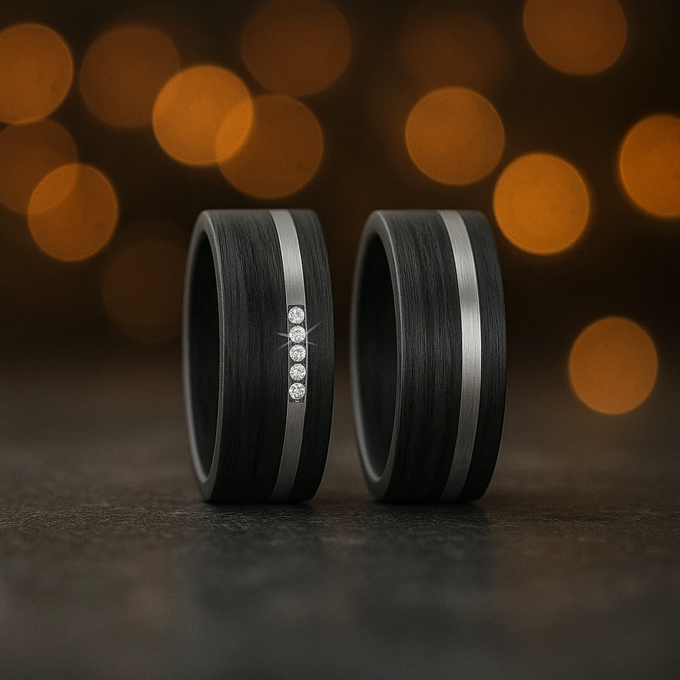 Paar Trauringe Eheringe Verlobungsringe Carbon Titanringe Partnerringe + Gravur - Bild 4 von 4