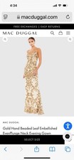Mac Duggal Gown Dress Womens Size 2 Gold Sequin V Neck Leaf Pattern 5107 $498