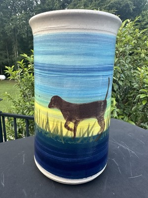 Glazed Pottery Wine Brick Vase 9-1/4  Tall Blues Dog Beach Chateau Morrisetta