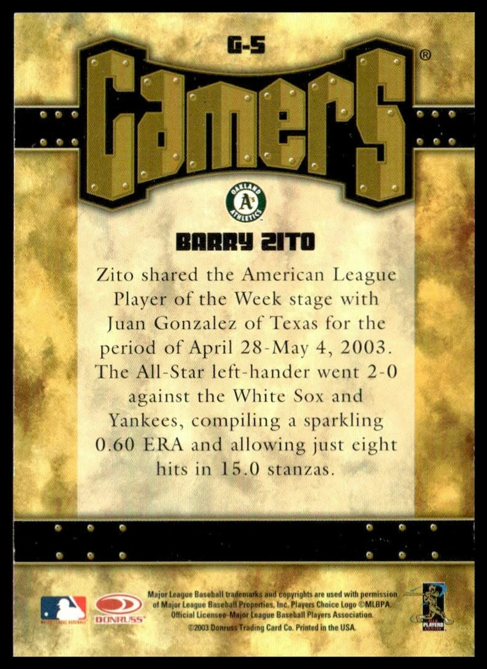 2004 Leaf #G-5 Barry Zito Gamers Second Edition - Image 2 of 2