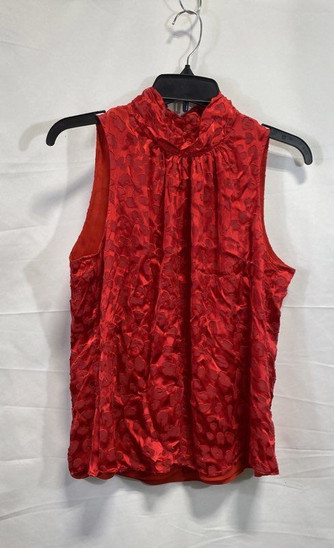 White House Black Market Women's Red Animal Print Mock Neck Blouse Sz M