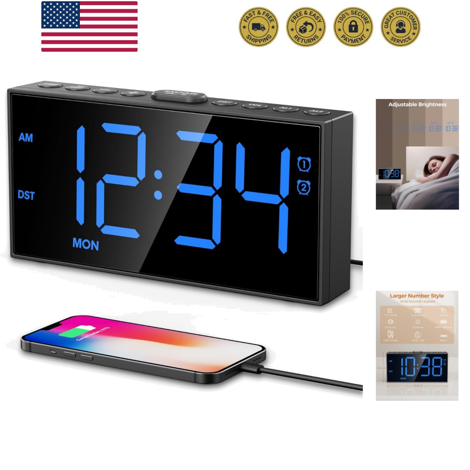 Digital Alarm Clocks for Bedrooms Heavy Sleepers, 2 Alarms,Upgrade 7 5 2 Mode
