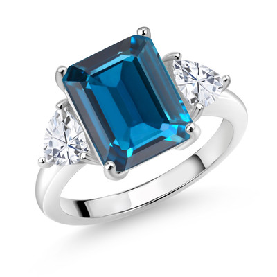 8.44 Cttw London Blue Topaz and White Moissanite Ring | 925 Sterling Silver | 3