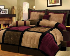 Burgundy  Brown Queen Comforter Set with Pillows - 7 Piece Micro Suede Set