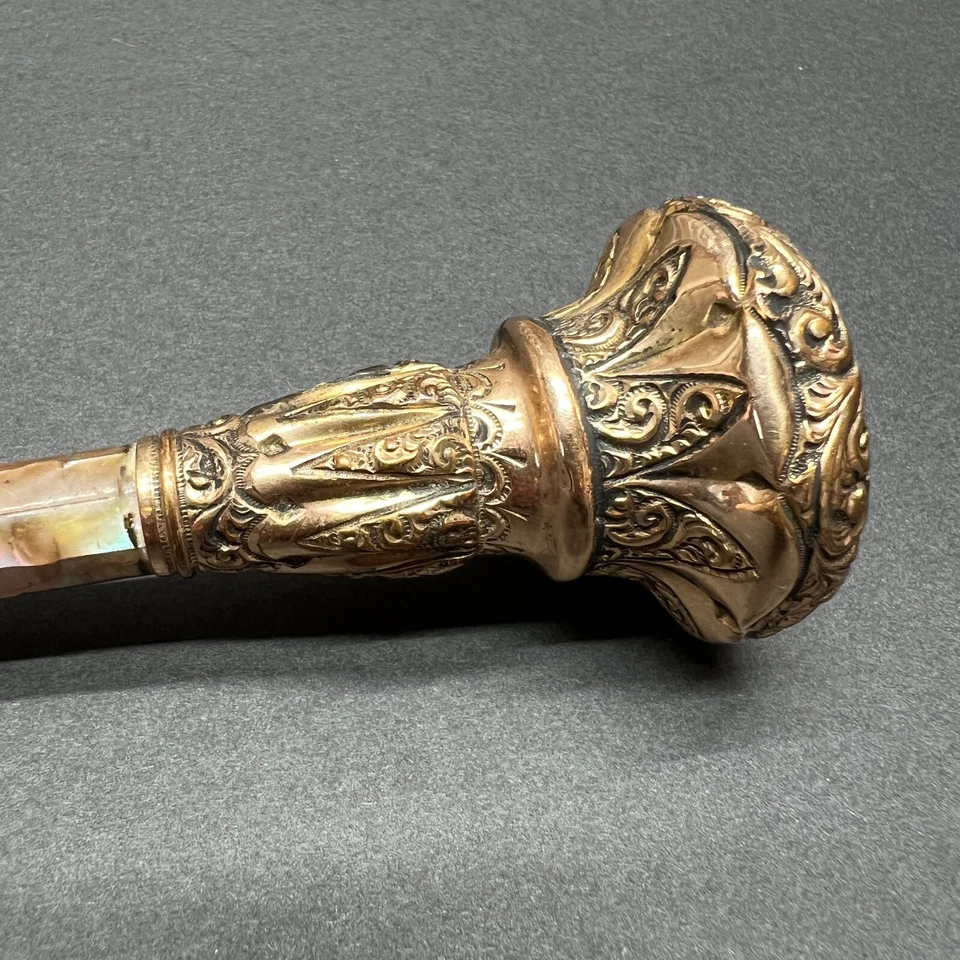 Antiguo Paraguas Sombrilla Bastón Mango Amarillo Madreperla Repoussé Mango GF Foto 2 de 4