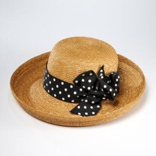 Peter Beaton Nantucket Leghorn Straw Upturned Brim Black Polkadot Hat