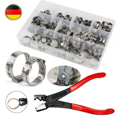 130x 1 Ohr Schlauchschellen 7-21mm Edelstahl Sortiment Schlauchklemmen Zange Set