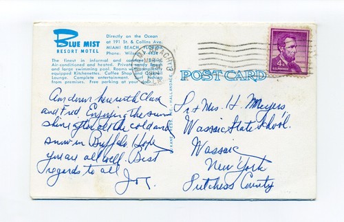 Miami Beach FL 1964 postal desplegable, interiores retro, muebles rosas, coches - Imagen 2 de 6