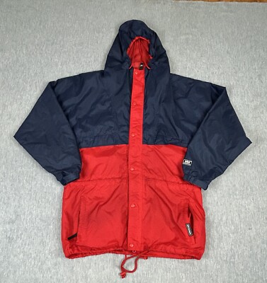 Helly Hansen Jacket Mens Medium Blue Red  Packable Hooded Lightweight Ful Zip