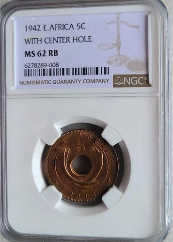 British East Africa 5 Cents 1942 with center hole NGC MS 62 RB
