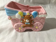 Lefton Vintage Baby Carriage Planter Pink 1988 Balloons and Bears