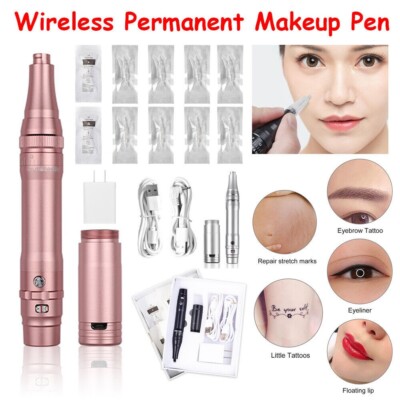 Permanent Makeup Tattoo Pen Wireless Machine Eyebrow Lip Needle Kit ...