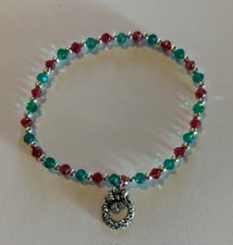 Cute Green, Red,  Silver Bead Christmas Wreath Charm Stretch Bracelet