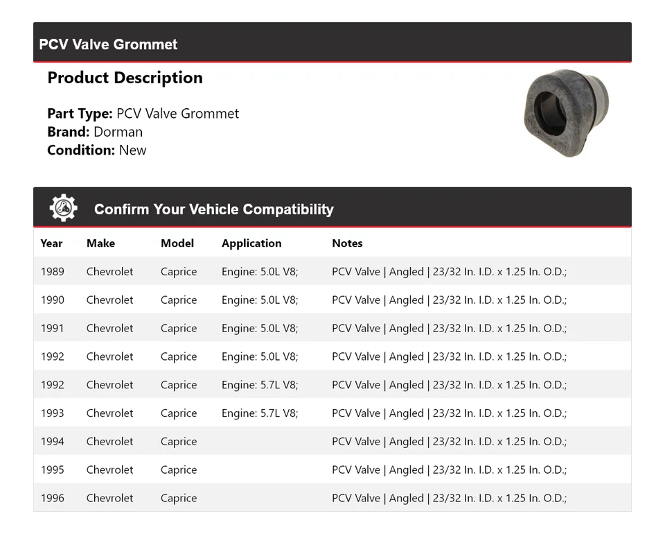 Ojal de válvula PCV para Chevrolet Caprice Dorman 1989-1996 1990 1991 1992 1993 Foto 2 de 4