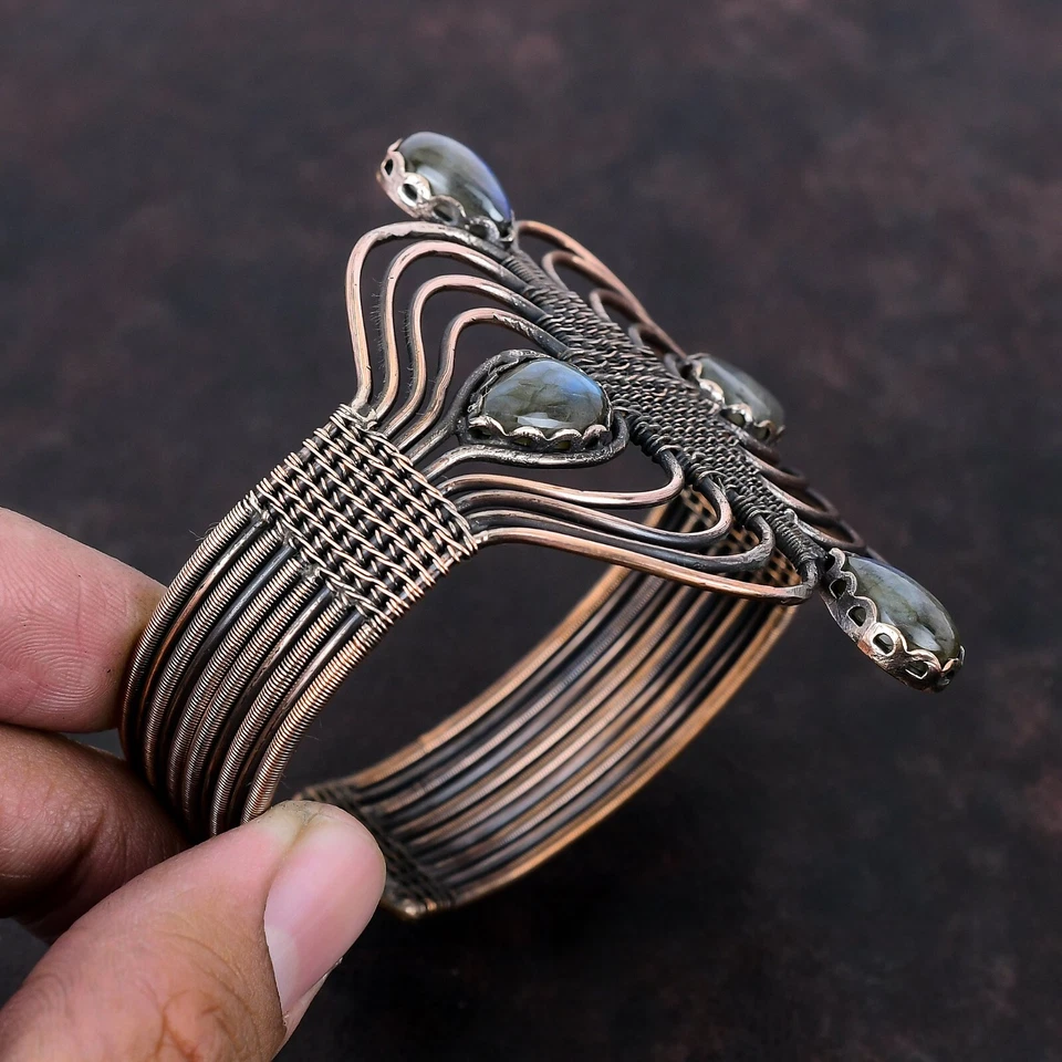 Brazalete ajustable envuelto en alambre para mujer joyería cobre labradorita Foto 3 de 4