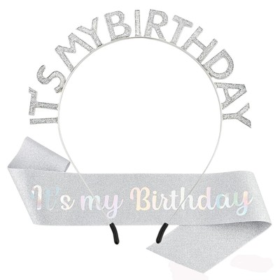 Silver Birthday Crown for Girls Cute Birthday Sash & Birthday Tiara for Women...