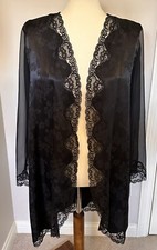 Vintage Eve Stillman Black Lace Floral Silky Robe Sheer Sleeve L Saks Fifth Ave