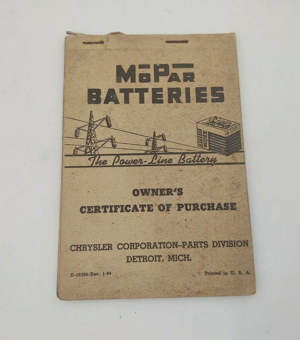 Mopar Batteries Book of Owners Certificate of Purchase dealer 1944 Chrysler Corp-image