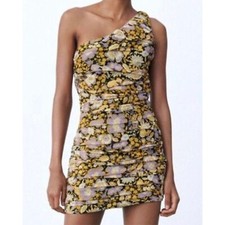 Zara Womens One Shoulder Floral Ruched Bodycon Mini Dress Yellow Purple Small