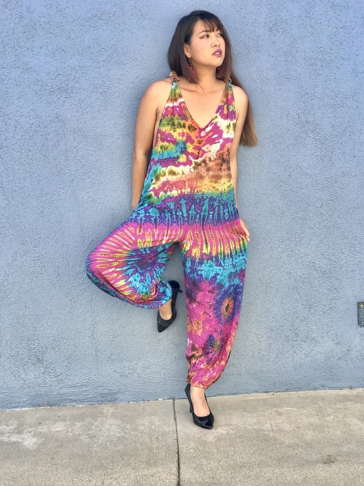 Mono de algodón hecho a mano para mujer Tie Dye playa boho hippie se adapta a ajuste pequeño a través de bo Foto 2 de 4