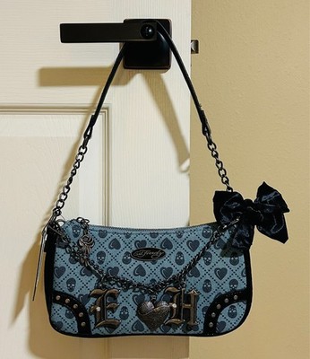 ED HARDY Blue DENIM Heart SKULL Tattoo LOGO Small SHOULDER Bag CHARMS Scarf NWT
