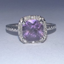 Cushion Cut Amethyst Halo Set Sterling Silver Ring Size 7.5 2.7g