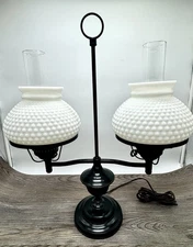 Vintage Black Brass Double Arm Student Desk Lamp w/ Hobnail Milk Glass Shades