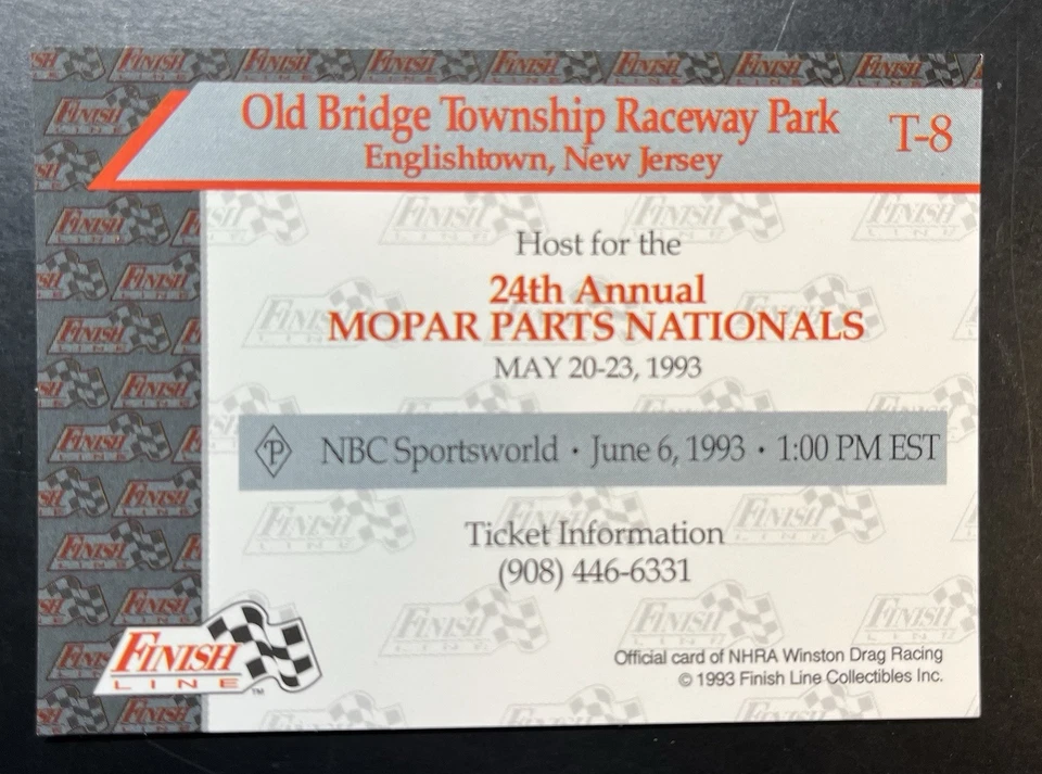 Vintage 1993 NHRA Card #T-8 Old Bridge Township Raceway Park New Jersey - Image 2 of 2