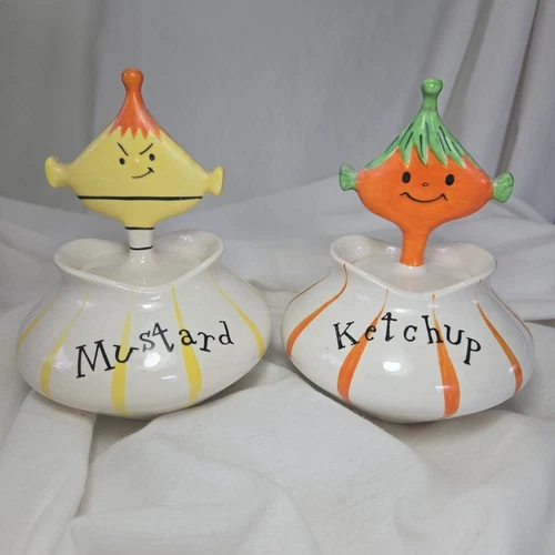 1958 Holt Howard Pixie Mustard Ketchup Condiment Jars READ Polymorphic kitch 50s